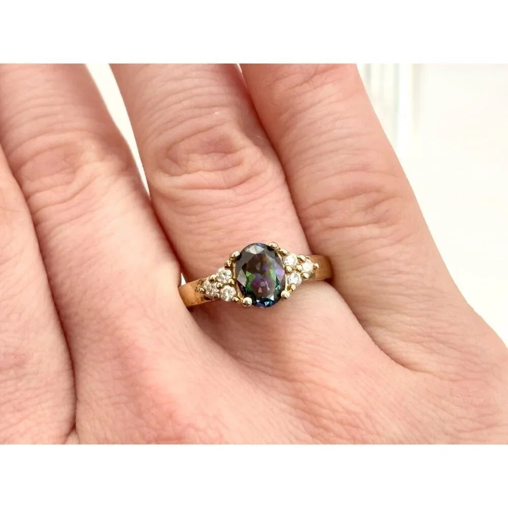 Mystic Topaz Triple CZ Gold Plated 925 Sterling Silver Vintage Ring - sz 7